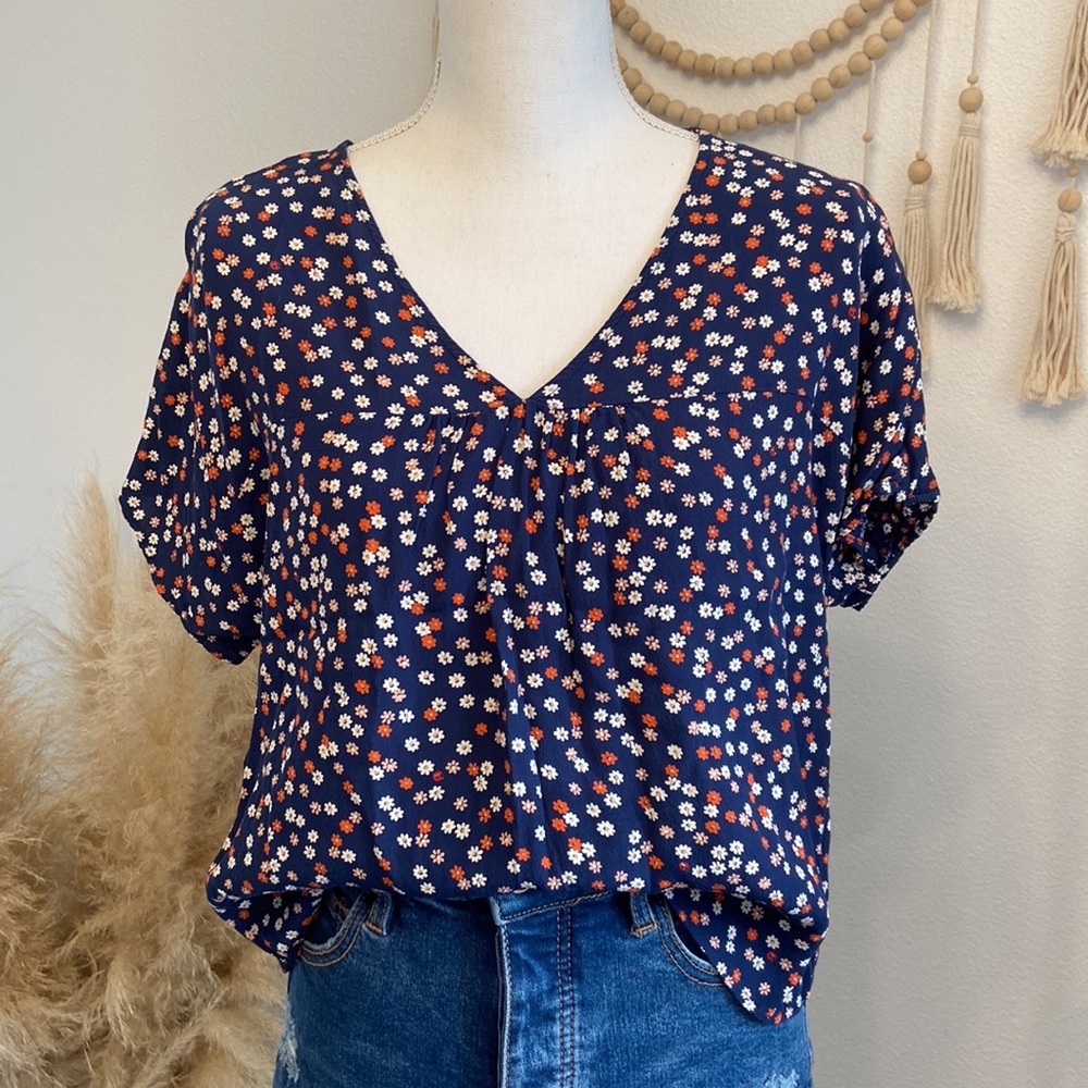 Madewell rhyme top short sleeve floral blouse blue white pink contemporary small